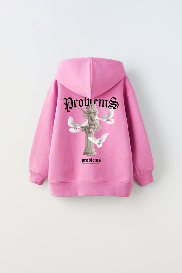 Kapüşonlu İçi Polar Problems Yazılı Heykel Baskılı Pembe Unisex Çocuk Hoodie Sweatshirt