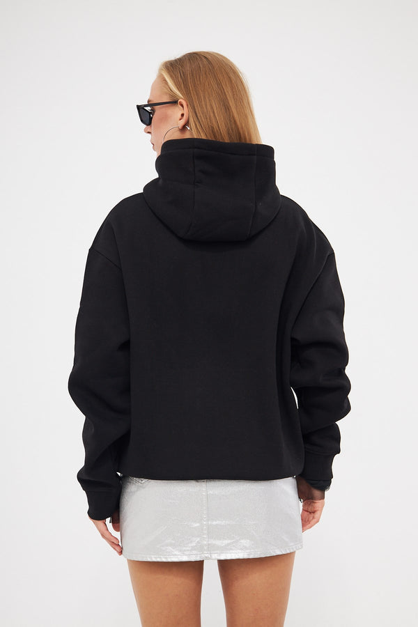 Kapüşonlu İçi Polar Taş Baskılı Siyah Oversize Hoodie Sweatshirt