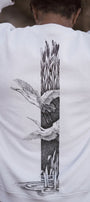 Erkek Oversize Sweatshirt Heron Line Baskılı Beyaz – Bisiklet Yaka, 3 İplik Şardonlu Polar