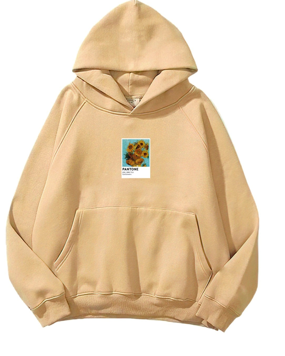 Kapüşonlu İçi Polar Sunflowers Baskılı Bej Unisex Oversize Hoodie Sweatshirt