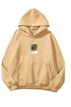 Kapüşonlu İçi Polar Sunflowers Baskılı Bej Unisex Oversize Hoodie Sweatshirt