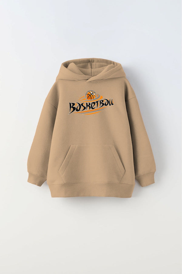 Kapüşonlu İçi Polar Basketbol Baskılı Bej Unisex Çocuk Sweatshirt