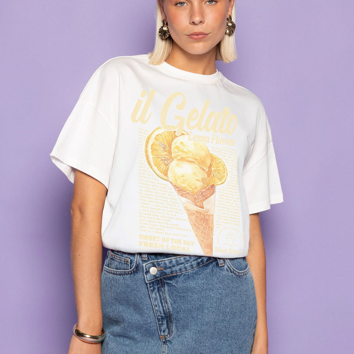 Kadın Oversize Tişört Gelato Lemon Baskılı Beyaz – Bisiklet Yaka, %100 Pamuk Compact Süprem 24/1
