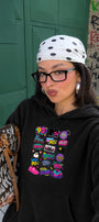 Kadın Oversize Hoodie Sweatshirt 90s Pop Patch Baskılı Siyah – Kapüşonlu, Kanguru Cepli, 3 İplik