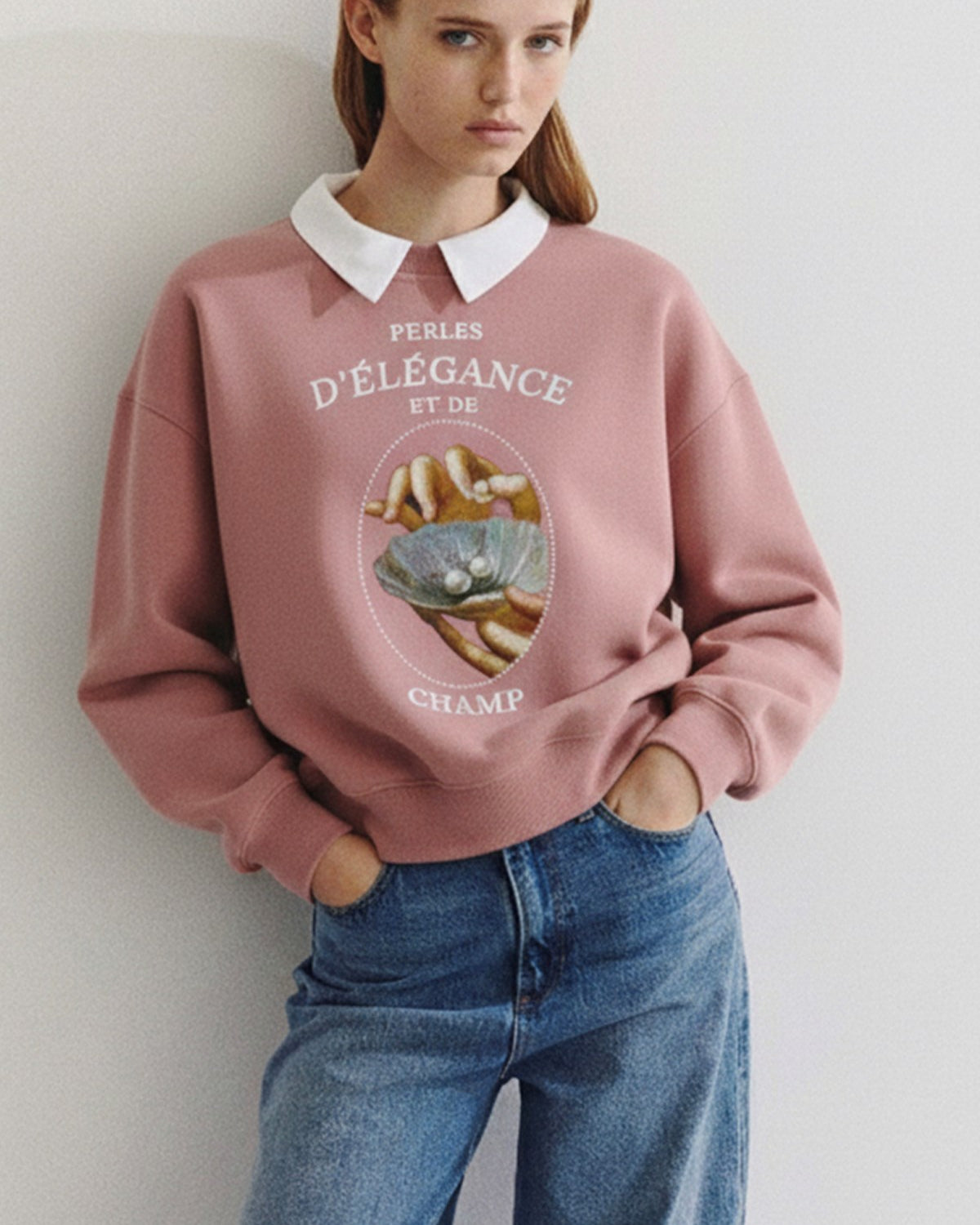 Kadın Oversize Sweatshirt Perles d’Élégance Baskılı Pembe – Bisiklet Yaka, 3 İplik Şardonlu Polar