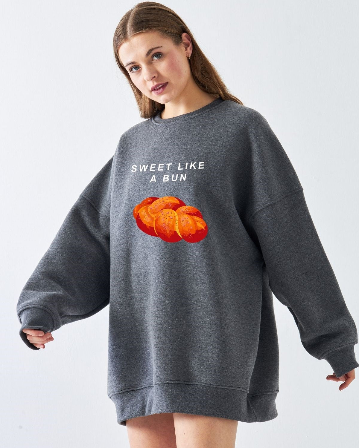 Kadın Oversize Sweat Elbise Bakery BUN Baskılı Füme Melanj – Bisiklet Yaka, 3 İplik Polar