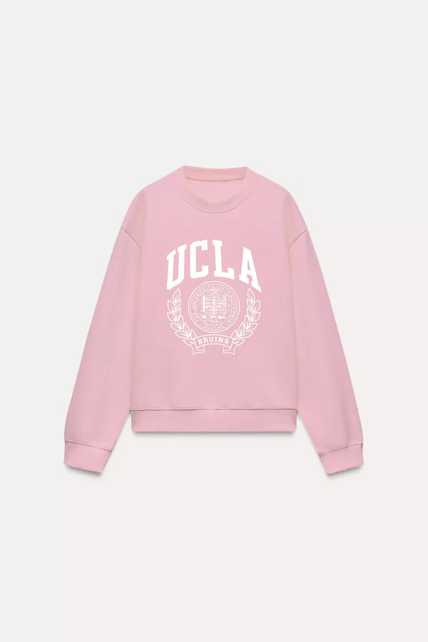 Ucla Yazı Baskılı Bisiklet Yaka İçi Polar Oversize Kesim Unisex Pembe Sweatshirt