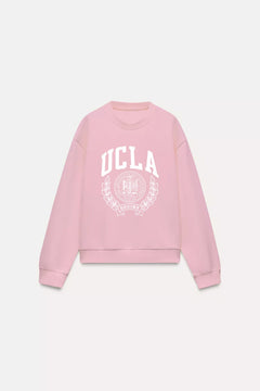 Ucla Yazı Baskılı Bisiklet Yaka İçi Polar Oversize Kesim Unisex Pembe Sweatshirt