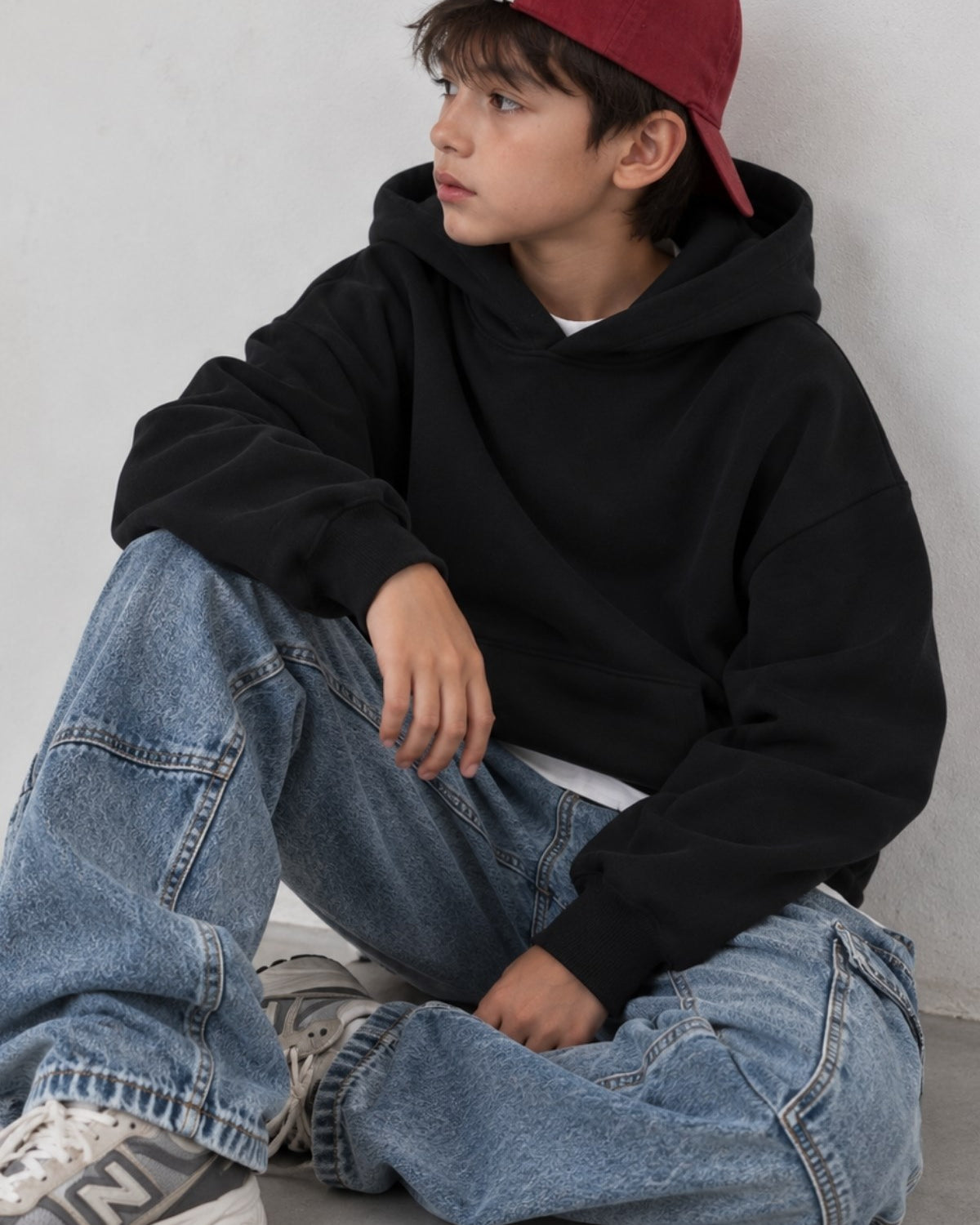 Erkek Çocuk Oversize Basic Hoodie Sweatshirt Siyah– Kapüşonlu, Kanguru Cepli, 3 İplik Polar