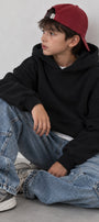 Erkek Çocuk Oversize Basic Hoodie Sweatshirt Siyah– Kapüşonlu, Kanguru Cepli, 3 İplik Polar