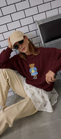 Kadın Oversize Sweatshirt Preppy Girl Bear Baskılı Bordo – Bisiklet Yaka, 3 İplik Şardonlu Polar