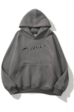 Kapüşonlu İçi Polar Kemal Atatürk İmzalı Baskılı Füme Unisex Hoodie Sweatshirt