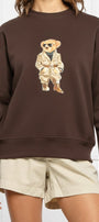 Kadın Oversize Sweatshirt Trench Bear Baskılı Kahverengi – Bisiklet Yaka, 3 İplik Şardonlu