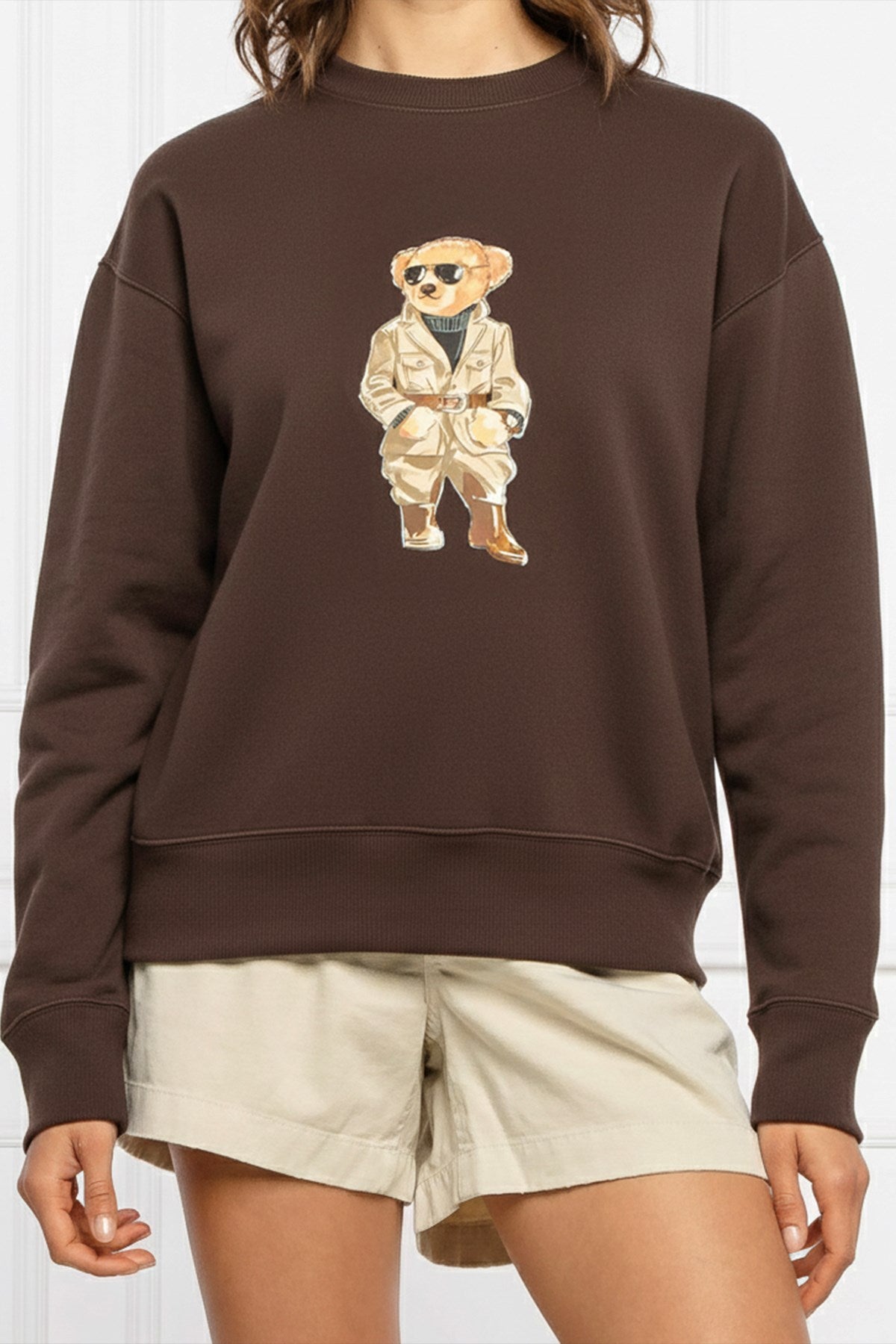 Kadın Oversize Sweatshirt Trench Bear Baskılı Kahverengi – Bisiklet Yaka, 3 İplik Şardonlu