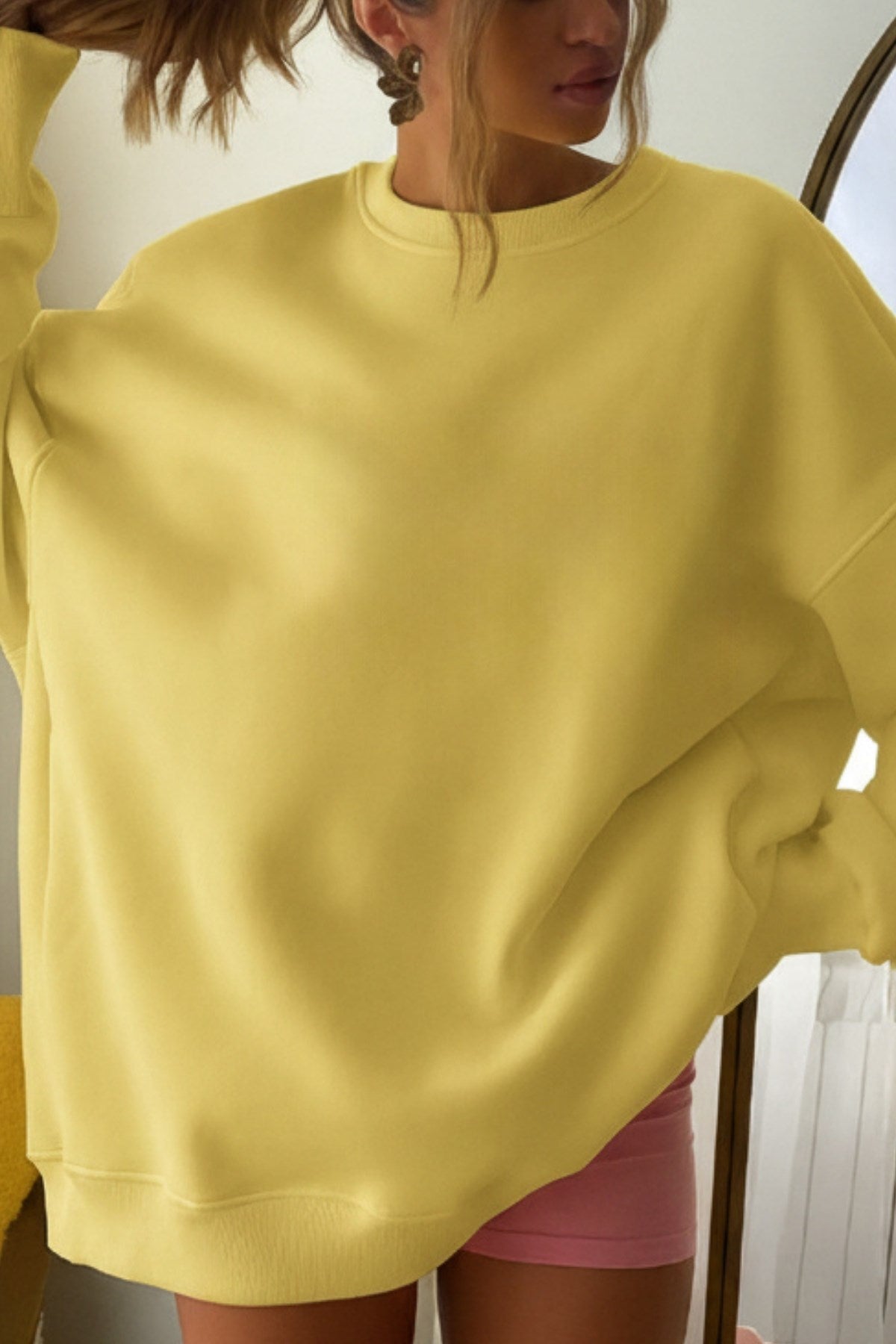 Kadın Oversize Sweatshirt Elbise  Basic Sarı – Bisiklet Yaka, 3 İplik Şardonlu Polar