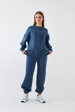 Unisex Oversize Eşofman Takımı Basic Marine – Bisiklet Yaka, Lastikli Paça, 3 İplik Şardonlu Polar