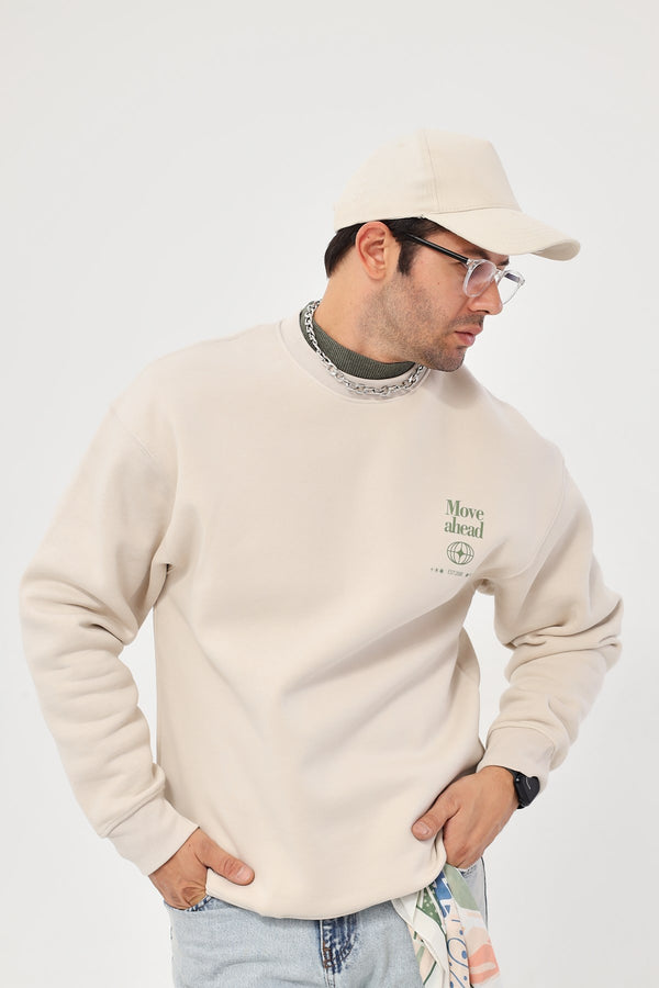 Bisiklet Yaka İçi Polar Move Ahead Yazı Baskılı Bej Oversize Sweatshirt