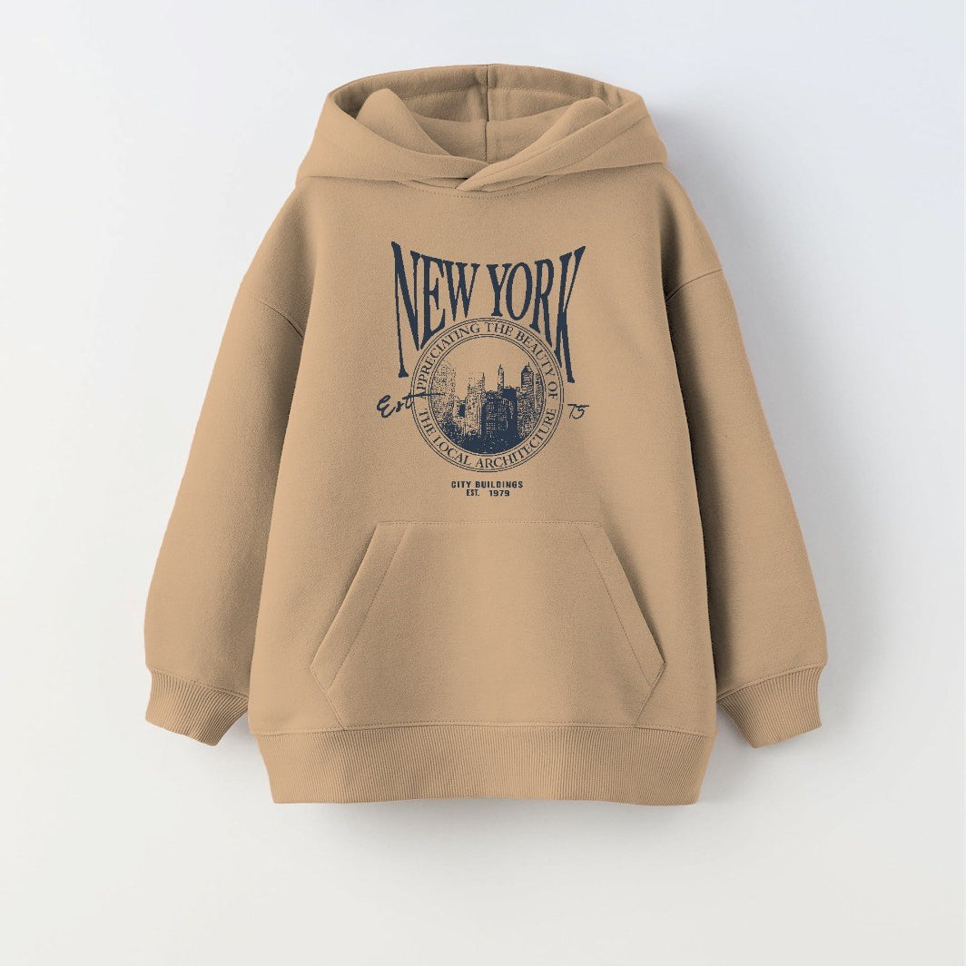  Kapüşonlu İçi Polar New York Yazı Baskılı Bej Unisex Çocuk Hoodie Sweatshirt
