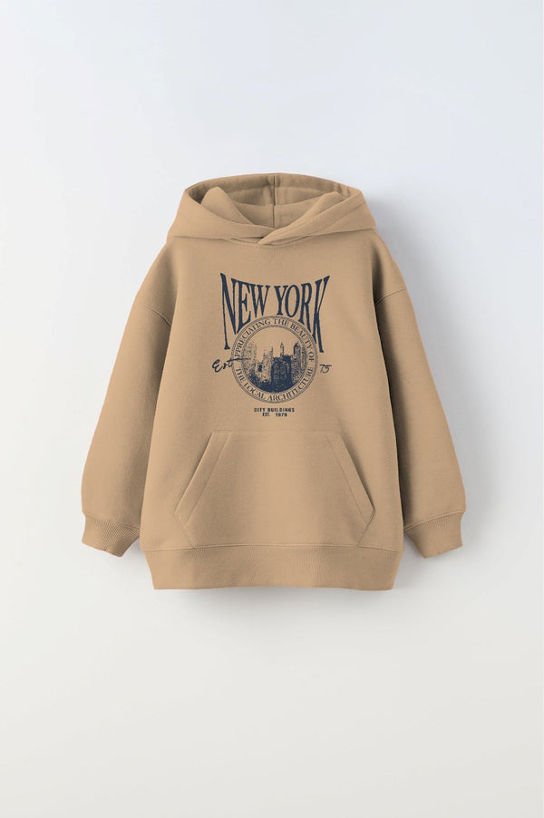  Kapüşonlu İçi Polar New York Yazı Baskılı Bej Unisex Çocuk Hoodie Sweatshirt