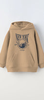  Kapüşonlu İçi Polar New York Yazı Baskılı Bej Unisex Çocuk Hoodie Sweatshirt