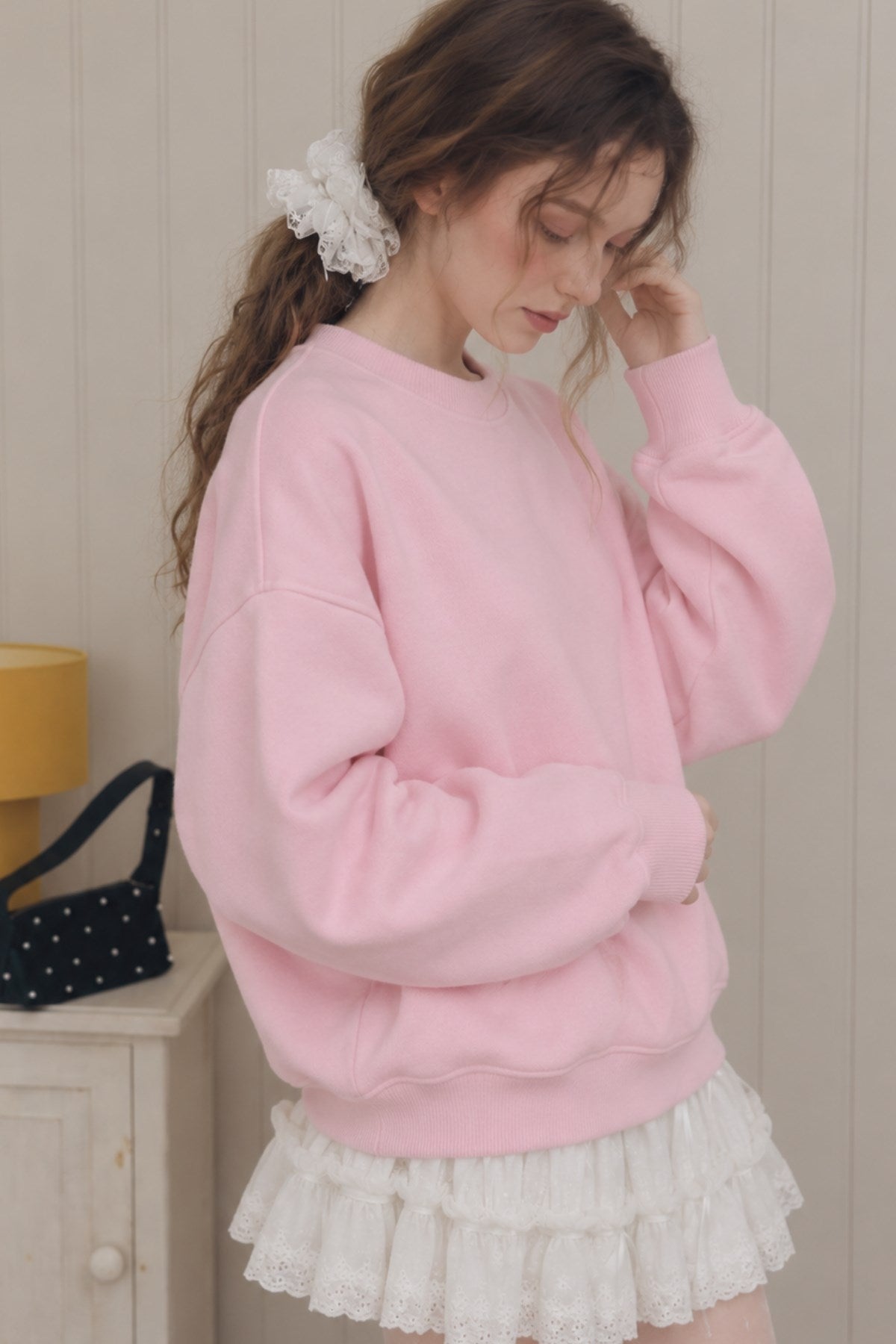 Kadın Oversize Sweatshirt Wellness Baskılı Pembe – Bisiklet Yaka, 3 İplik Şardonlu Polar, Düşük Omuz