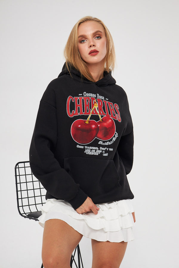 Kapüşonlu İçi Polar Cherries Yazılı Kiraz Baskılı Siyah Oversize Hoodie Sweatshirt