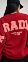 Kadın Oversize Sweatshirt Paradise Varsity Kabartma Baskılı Kırmızı – Bisiklet Yaka, 3 İplik Şardonlu Polar