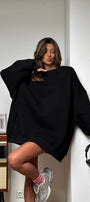 Kadın Oversize Sweatshirt Elbise Basic Siyah – Bisiklet Yaka, 3 İplik Şardonlu Polar