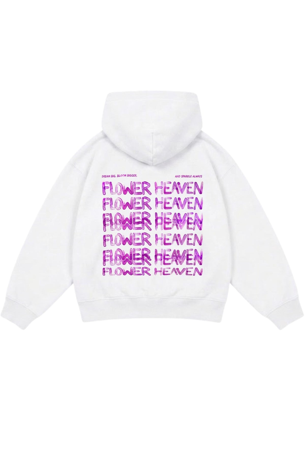 Kız Çocuk Oversize Hoodie Sweatshirt Flower Heaven Baskılı Beyaz – Kapüşonlu, Cepli, 3 İplik Polar  
