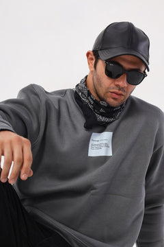 Erkek Bisiklet Yaka İçi Polar Syzygy Yazı Baskılı Füme Oversize Sweatshirt