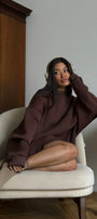 Kadın Oversize Sweatshirt Elbise Basic Kahverengi – Bisiklet Yaka, 3 İplik Şardonlu Polar