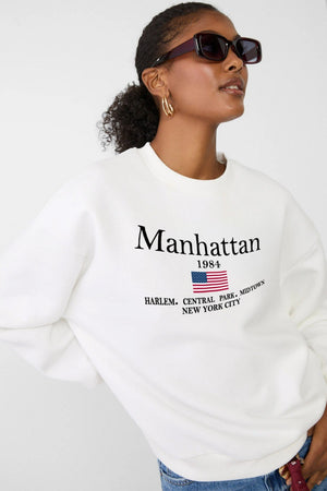 Bisiklet Yaka İçi Polar Manhattan 1984 Yazı Baskılı Beyaz Oversize Sweatshirt