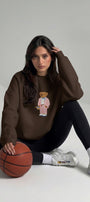Kadın Oversize Sweatshirt Pink Suit Bear Baskılı Kahverengi – Bisiklet Yaka, 3 İplik Şardonlu Polar