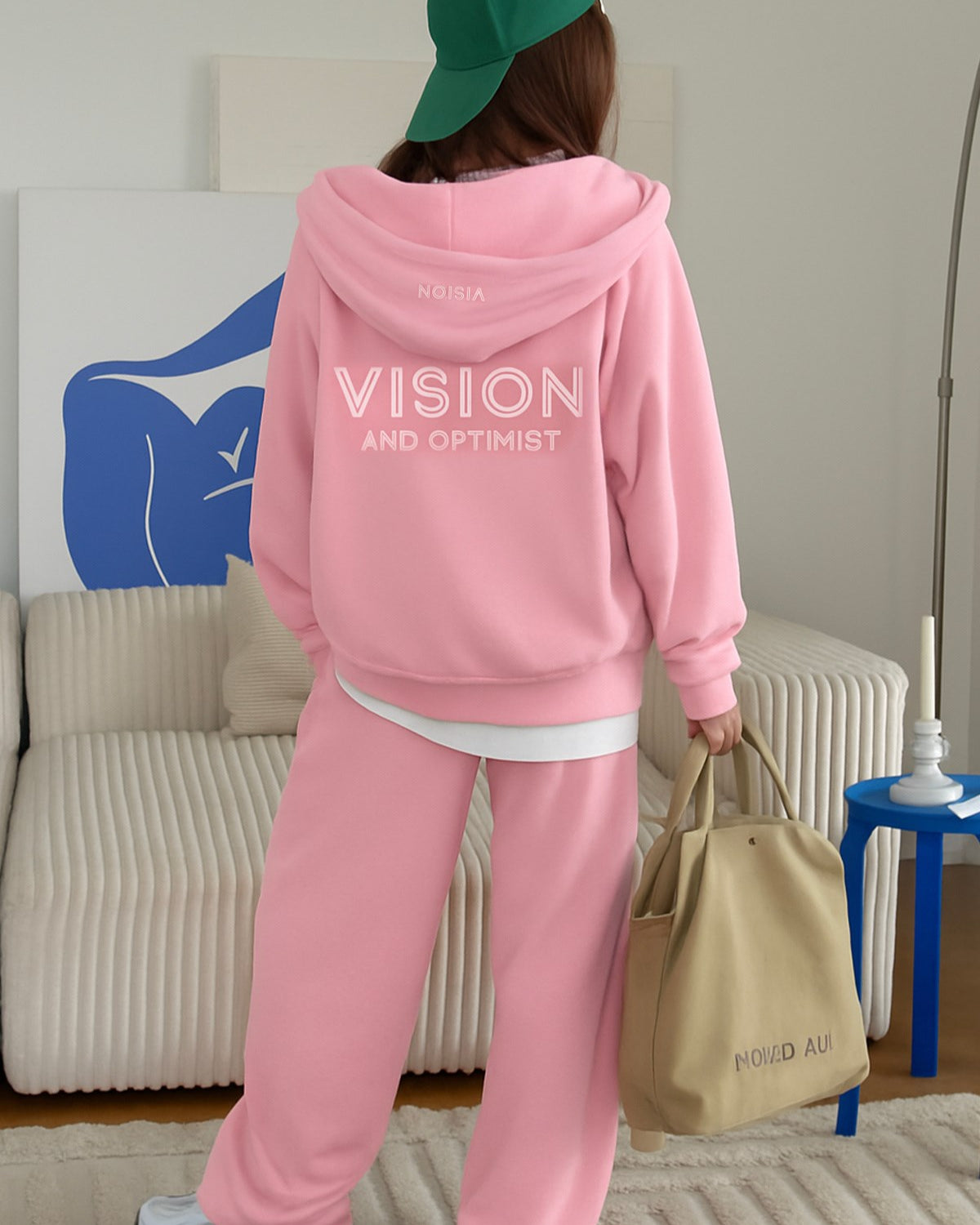 Kadın Oversize Eşofman Takımı Vision Baskılı Pembe – Kapüşonlu Fermuarlı, Bağcıklı Bel, Boru paça