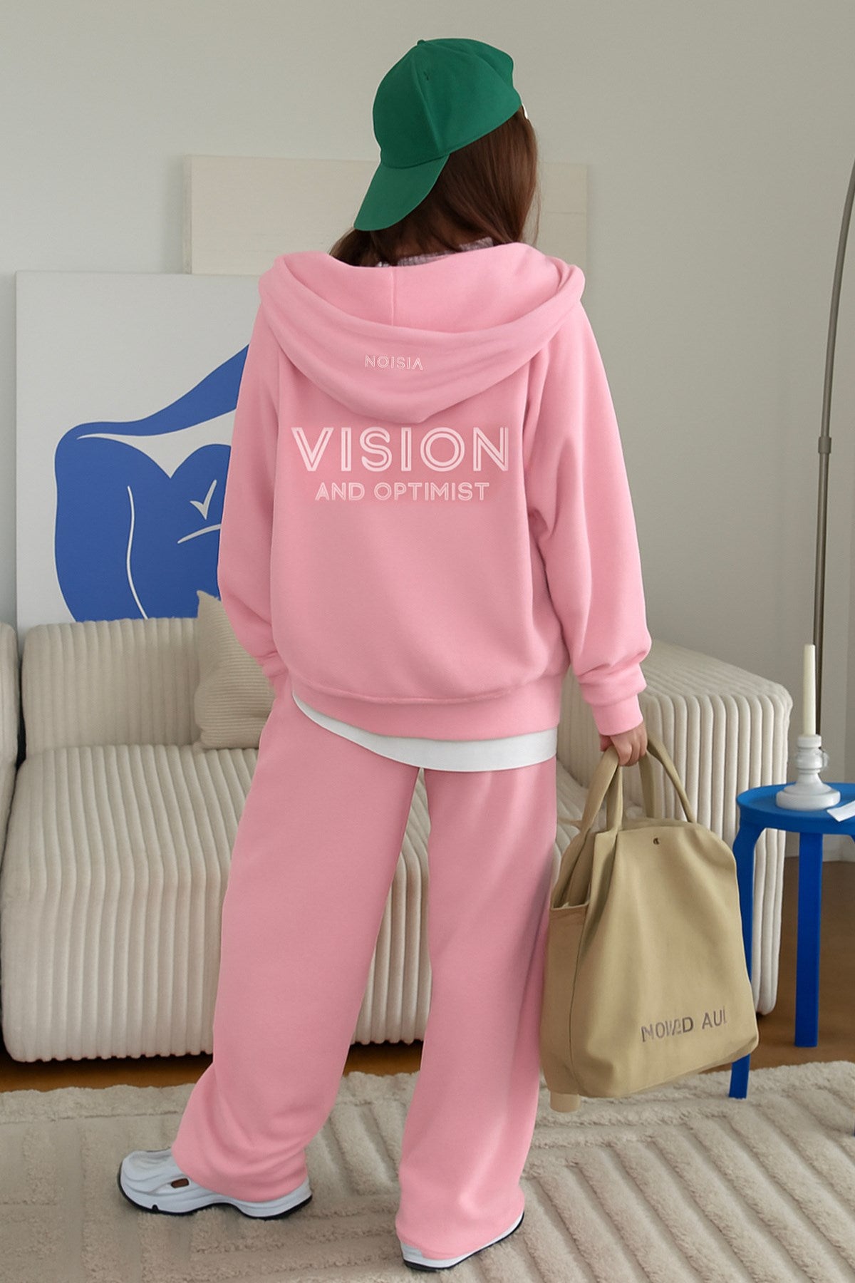 Kadın Oversize Eşofman Takımı Vision Baskılı Pembe – Kapüşonlu Fermuarlı, Bağcıklı Bel, Boru paça