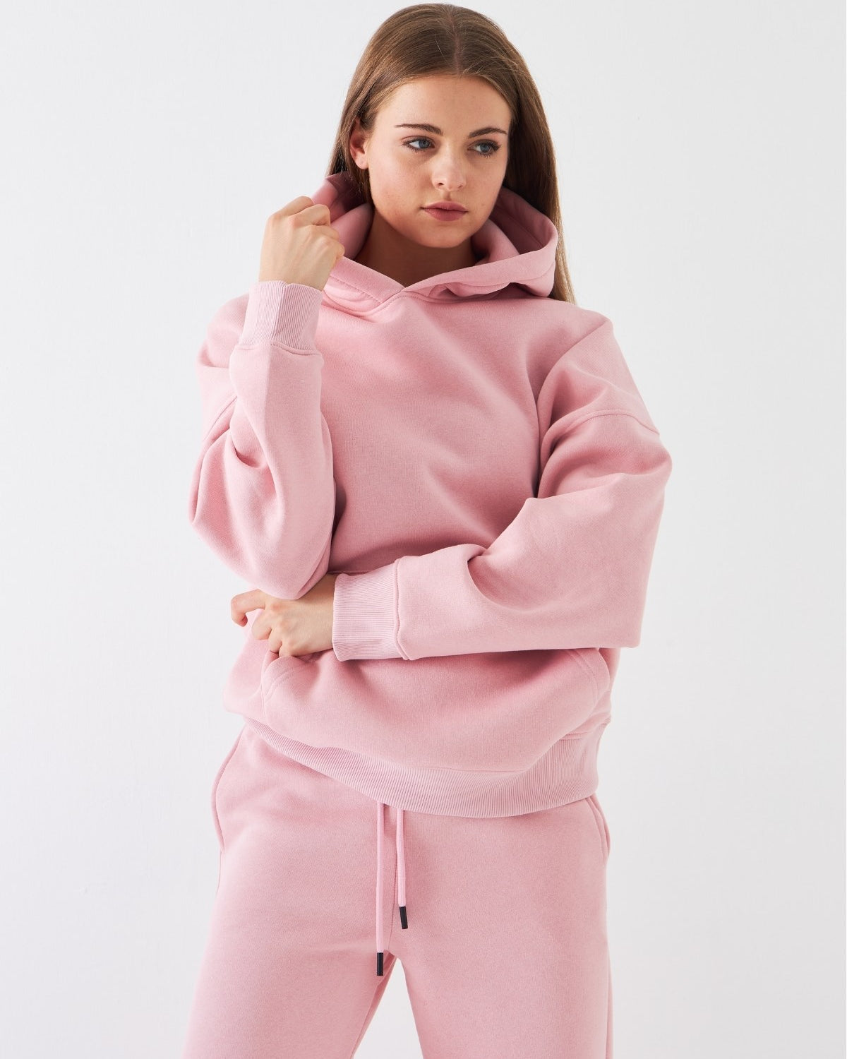 Oversize Unisex Sweatshirt Hoodie Pembe – Kapüşonlu, 3 İplik Şardonlu Polar, Kanguru Cepli, Basic