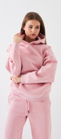 Oversize Unisex Sweatshirt Hoodie Pembe – Kapüşonlu, 3 İplik Şardonlu Polar, Kanguru Cepli, Basic