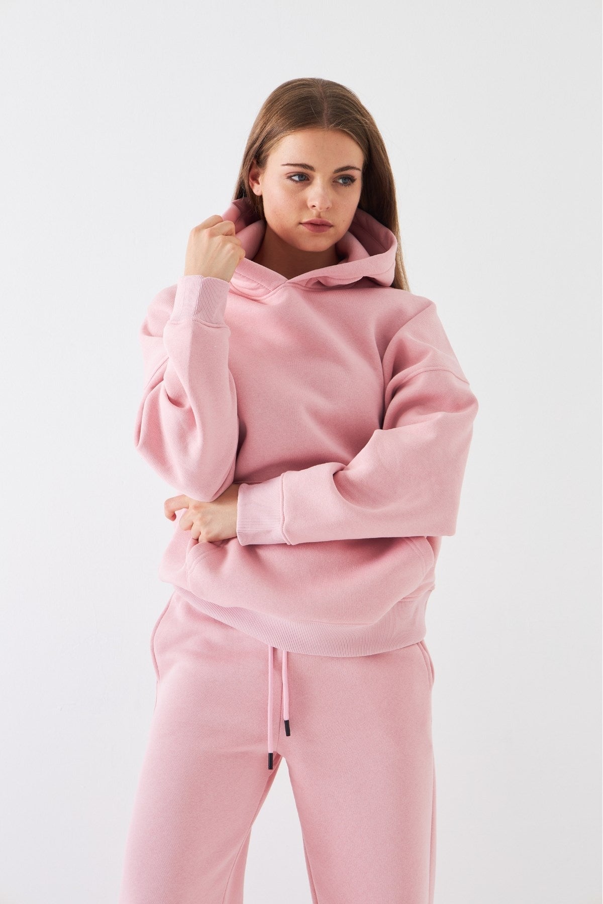 Oversize Unisex Sweatshirt Hoodie Pembe – Kapüşonlu, 3 İplik Şardonlu Polar, Kanguru Cepli, Basic