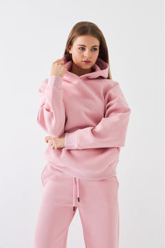 Oversize Unisex Sweatshirt Hoodie Pembe – Kapüşonlu, 3 İplik Şardonlu Polar, Kanguru Cepli, Basic