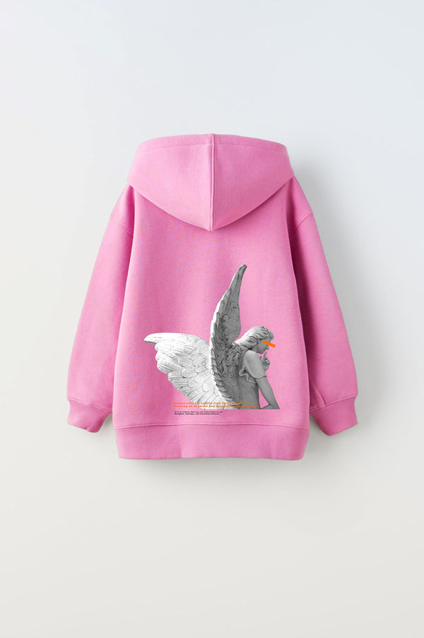 Kapüşonlu İçi Polar Art Work Heykel Baskılı Pembe Unisex Çocuk Hoodie Sweatshirt