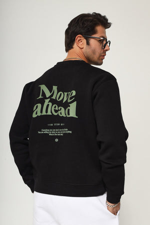 Bisiklet Yaka İçi Polar Move Ahead Yazı Baskılı Siyah Oversize Sweatshirt