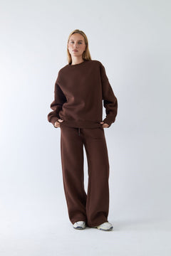 Unisex Oversize Eşofman Takımı Basic Kahverengi – Bisiklet Yaka, Bol Paça, 3 İplik Şardonlu Polar