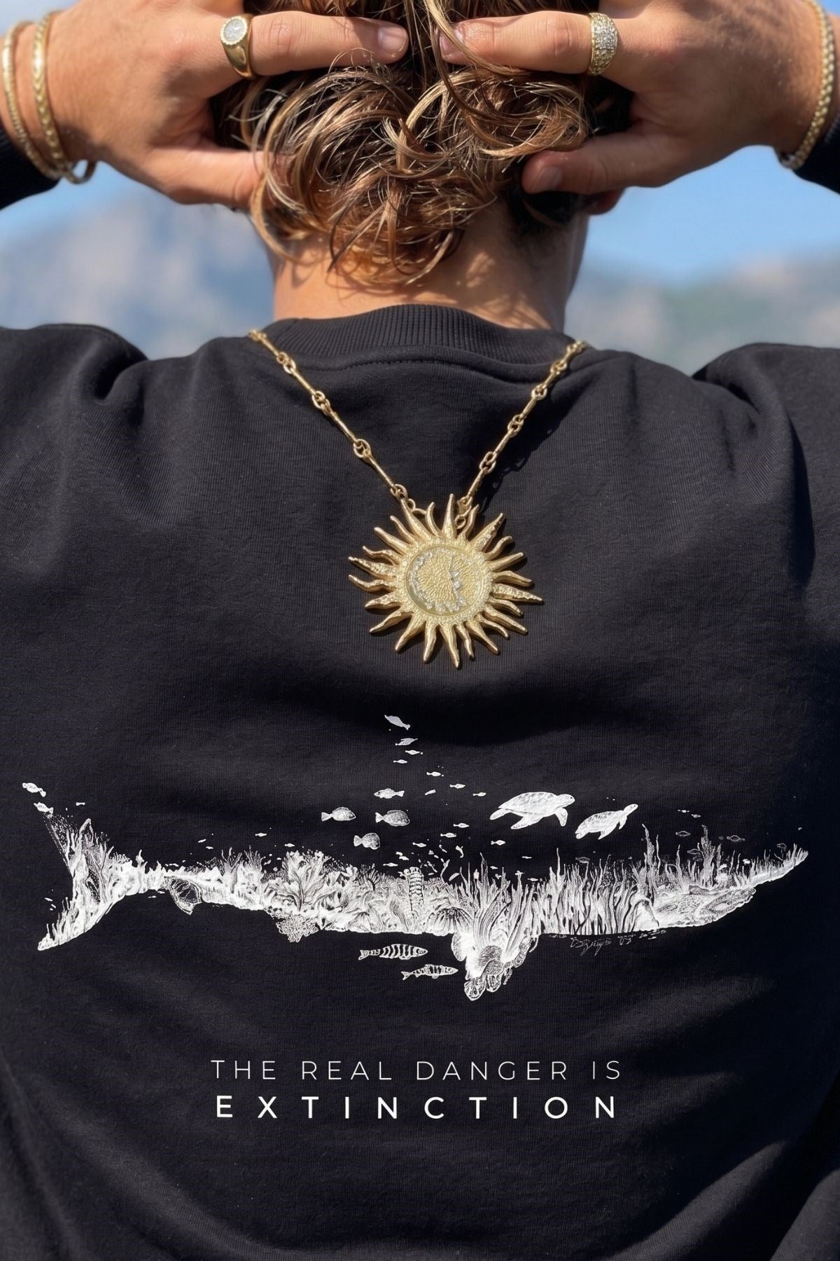 Erkek Oversize Sweatshirt Extinction Baskılı Siyah – Bisiklet Yaka, 3 İplik Şardonlu Polar