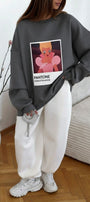 Kadın Oversize Sweat Elbise Füme Melanj - 3 İplik Şardonlu, Bisiklet Yaka, Pantone - prenses baskılı