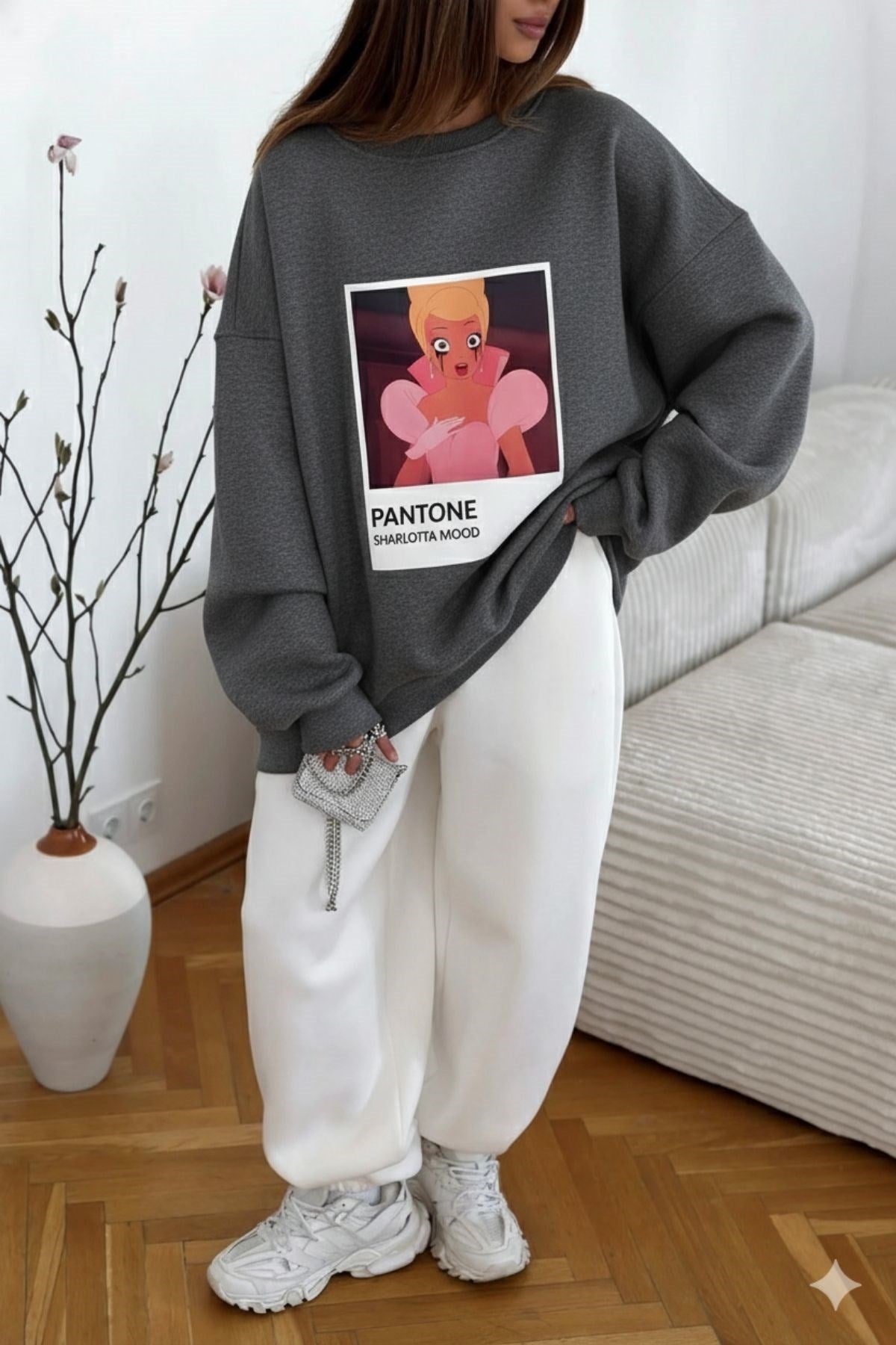 Kadın Oversize Sweat Elbise Füme Melanj - 3 İplik Şardonlu, Bisiklet Yaka, Pantone - prenses baskılı