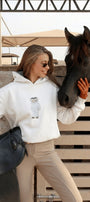 Kadın Oversize Sweatshirt Hoodie Qatari Bear White Beyaz – Kapüşonlu, 3 İplik Polar, Kanguru Cepli