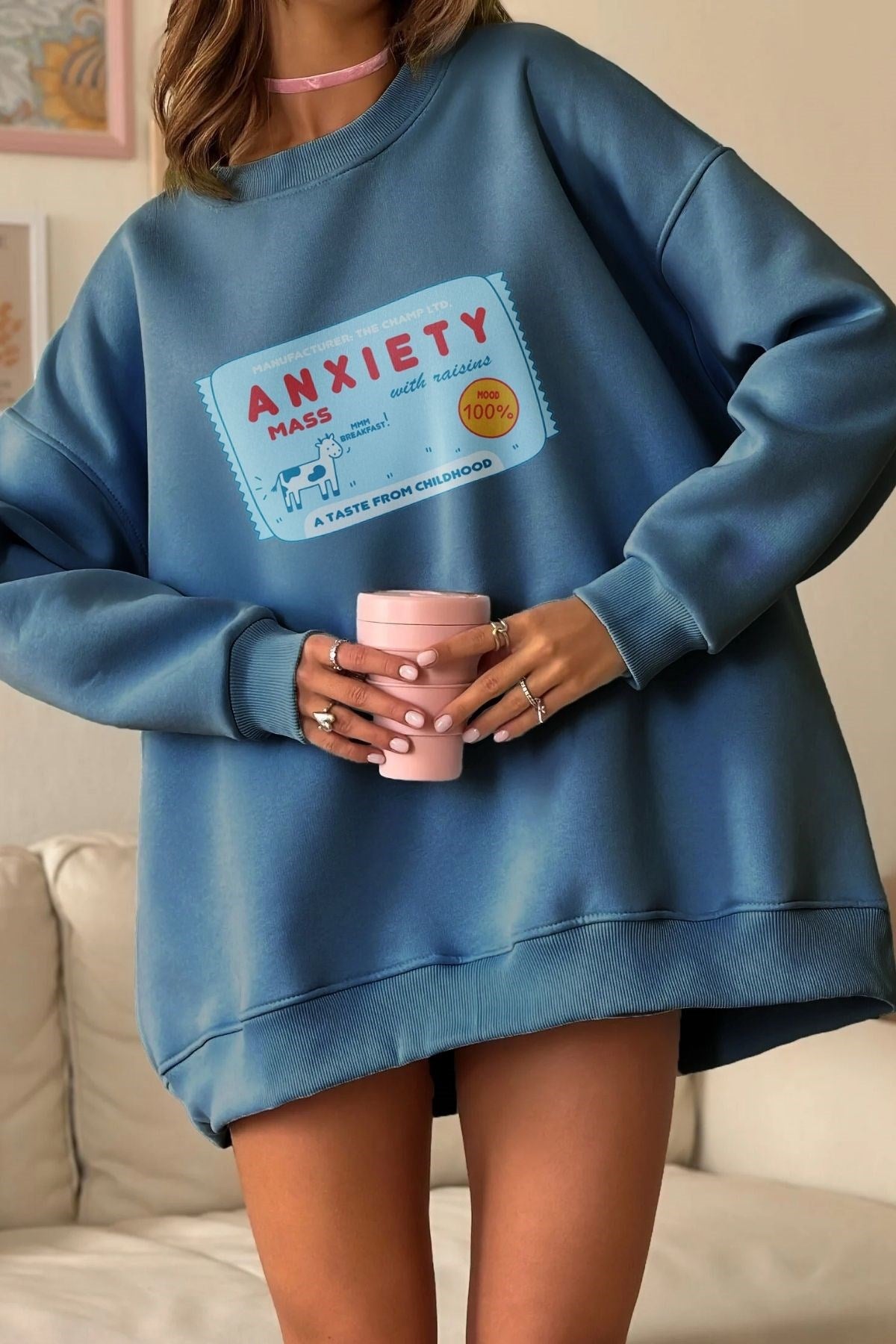 Kadın Oversize Sweatshirt Elbise Anxiety Bar Baskılı Marine – Bisiklet Yaka, 3 İplik Şardonlu Polar