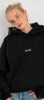 Kadın Oversize Sweatshirt Hoodie AMORE Siyah – Kapüşonlu, 3 İplik Polar, Kanguru Cepli