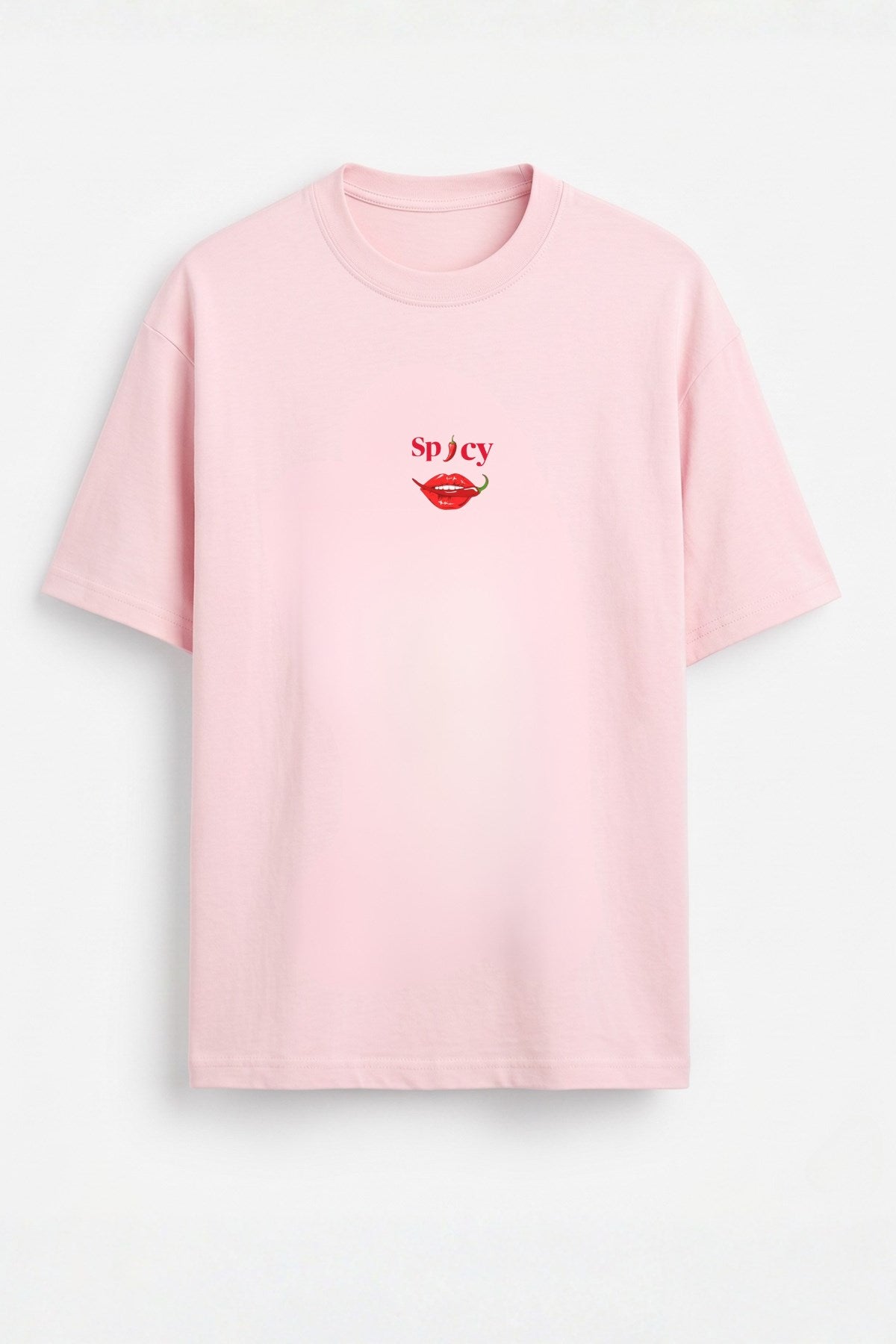 Kadın Oversize Tişört Spicy Lips Baskılı Pembe – Bisiklet Yaka, Rahat Kalıp, %100 Pamuk