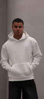 Erkek Oversize Sweatshirt Hoodie CHMP Yazlı Baskılı Beyaz – Kapüşonlu, 3 İplik Polar, Kanguru Cepli